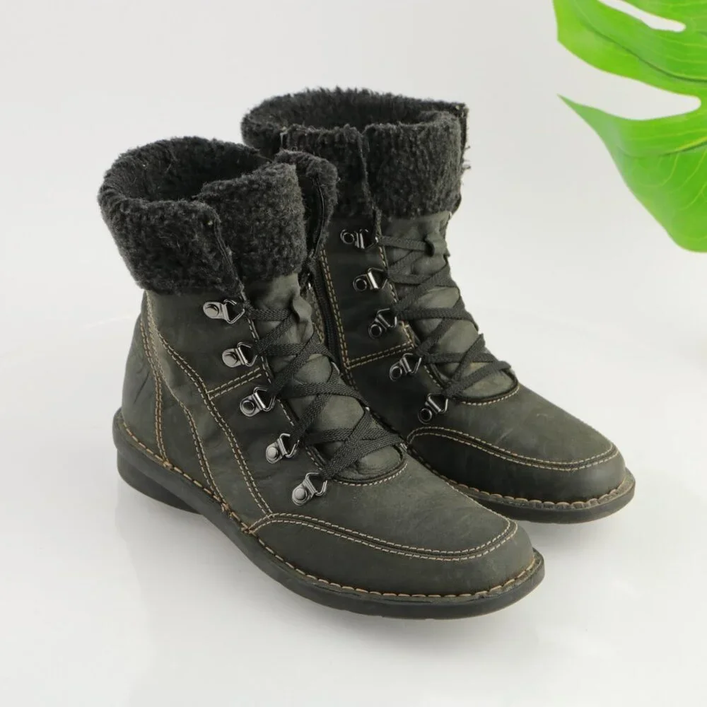 Clarks Womens Nikki Imperial Boot Size 8.5 Black Leather Lace Up Faux Fur Bootie